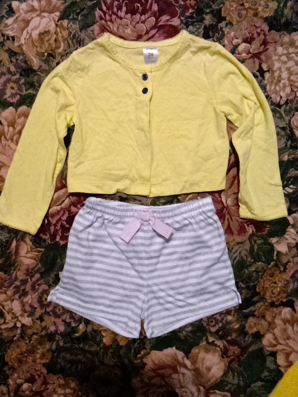 Carter's Yellow Long-Sleeve Pajama Top with Gray-White Striped Shorts